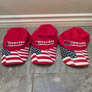 lot of 3 Firestone Complete Auto American Flag Red Baseball Cap Hat Adjustable